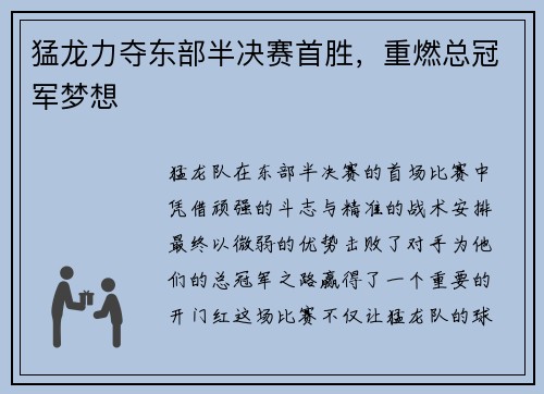 猛龙力夺东部半决赛首胜，重燃总冠军梦想