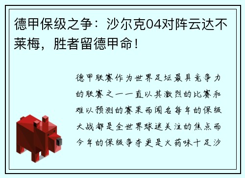 德甲保级之争：沙尔克04对阵云达不莱梅，胜者留德甲命！